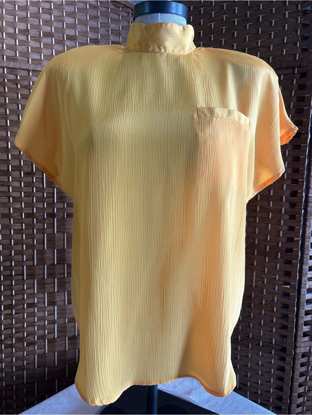 Vintage Yellow Textured Mock Neck Blouse Shoulder Pads Retro 80s 90s Size 10